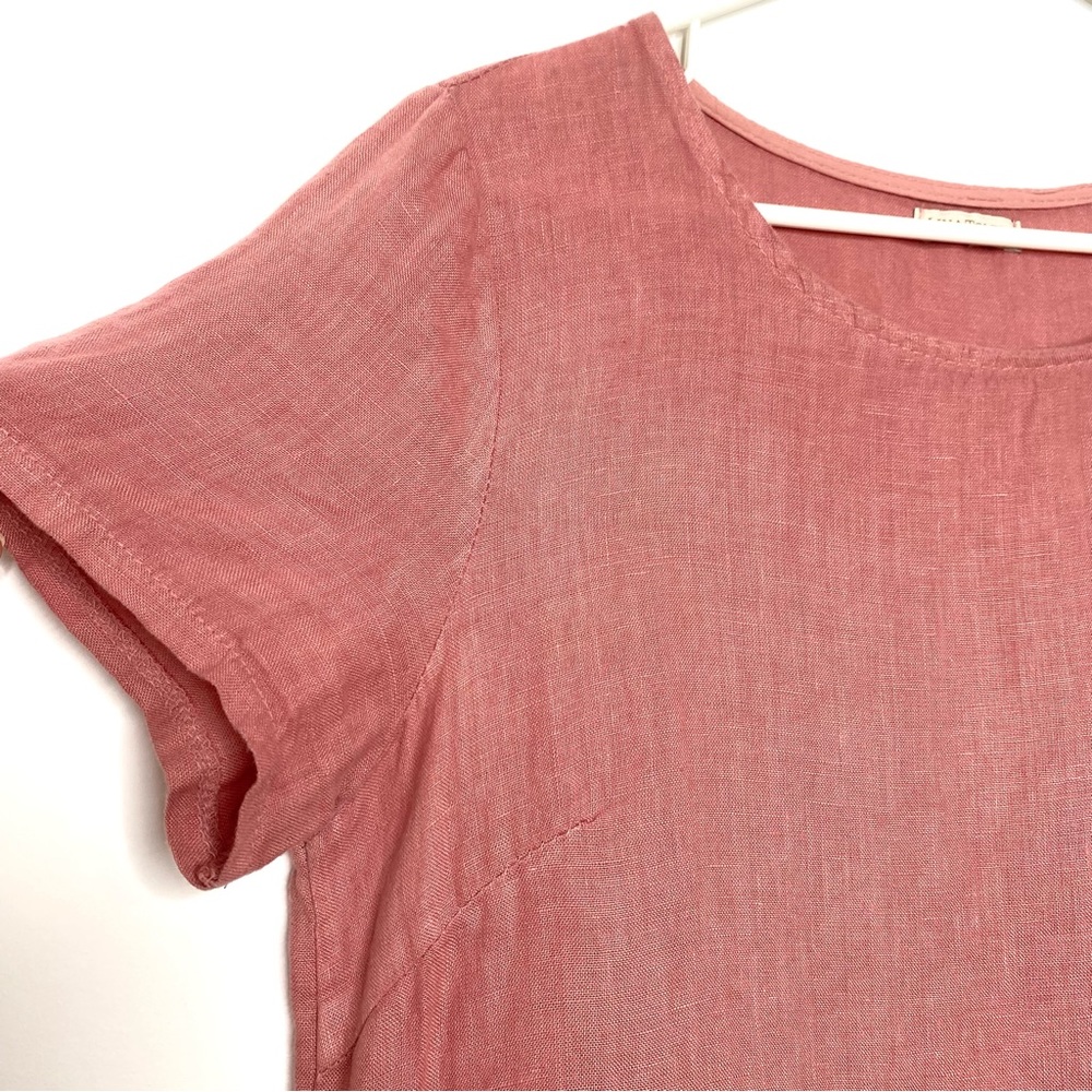 Lina Tomei Linen Floral Embroidered Trim Short Sleeve Pullover Blouse Dusty Rose - Picture 5 of 8